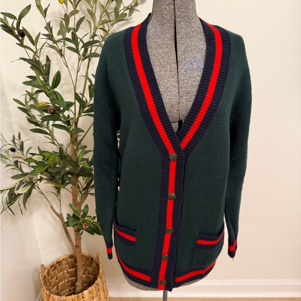 WAYF Stylish Dark Green Cardigan with Red and Navy Blue Stripes & Gold Buttons